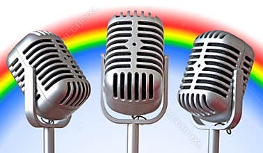 Vintage microphones trio with rainbow background