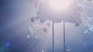 Camera rotates left to right around a wedding decorated table with a bouquet.