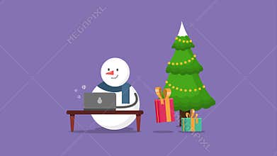 Animation character snowman moving with tree Chistmas