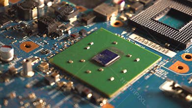 Components of the computer motherboard. Dolly shot