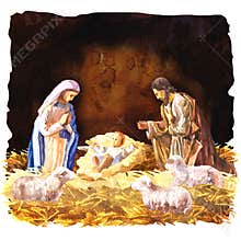 Traditional Christmas Crib, Holy Family, Christmas nativity scene with baby Jesus, Mary and Joseph in the manger with