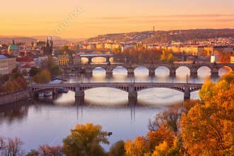 Prague, panoramic view to the historical bridges, old town and Vltava river from popular view point in Letna park, Czech Republic