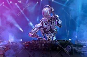 Robot disc jockey at the dj mixer and turntable plays nightclub during party. Entertainment, party concept. 3D illustration