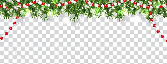Christmas and happy New Year border of Christmas tree branches and beads on transparent background. Holidays decoration. Vector