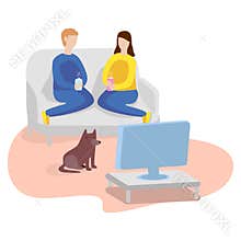 Watching TV at home. Man, woman and dog. Flat illustration