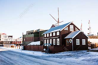 Small town of Stykkisholmur during winter snow