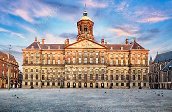 Royal Palace at the Dam Square in Amsterdam, Netherlands. No people in Dam Square in Amsterdam, Netherlands
