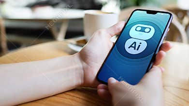 AI Artificial intelligence Deep machine learning concept. Robot icon on mobile phone screen.
