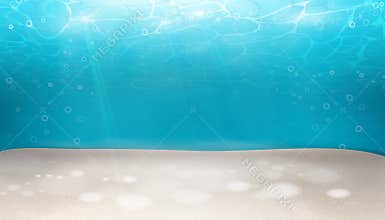 Underwater world nature scene background. Ocean and sea bottom life with blue water, wave lights, bubbles of air, rays