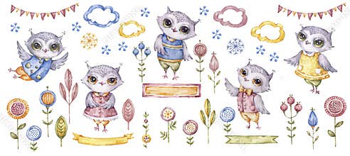 Watercolour cute owls. Watercolor cute animals birds and ethnic flowers. Cartoon characters clip art. Design for any