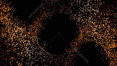 Abstract animation of beautiful flying flickering orange particles on a black background. Colorful sparkles.