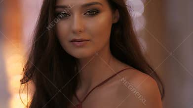 Fashion woman portrait in red dress.