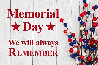Memorial day text with red, white and blue berry spray