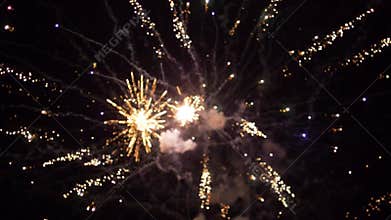 Colored firework background, beautiful salute at night heaven, slow motion