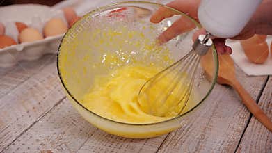 Mixer blend the sponge-cake ingredients in a glass bowl