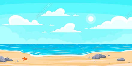 Cartoon summer beach. Paradise nature vacation, ocean or sea seashore. Seaside landscape vector background illustration