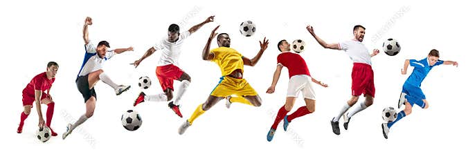 Professional men - football soccer players with ball isolated white studio background