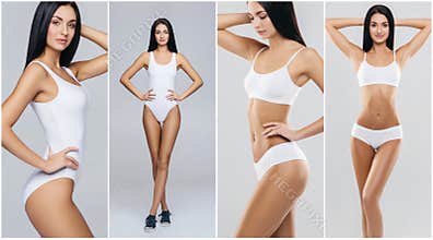 Sporty, fit and healthy female body in fitness collage. Young women in swimsuits isolated on white.