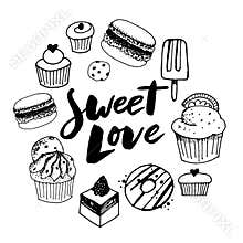 Vector set confectionery and sweets icons. Dessert, lollipop, ice cream with candies, macaron and pudding. Donut and cotton candy