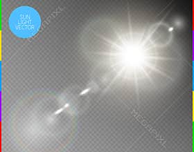 Vector transparent sunlight special lens flare light effect. Isolated sun flash rays and spotlight. White front translucent