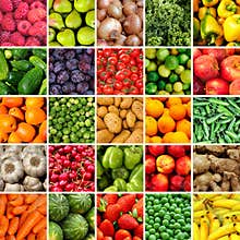 Collage of vegetables and fruits textures in a square