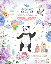 Happy Birthday card design with cute panda bear and boho flowers and floral bouquets illustration. Watercolor clip art for