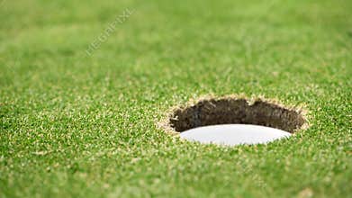 Close up video of a golf ball when it is rolling into hole