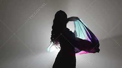 Belly dance with multicolored shawl tarts dancing . Sihouette . Smoke background. Slow motion. Close up