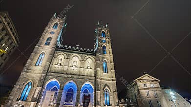Timelapse video of Montreal city near the Notre Dame Cathedral by night