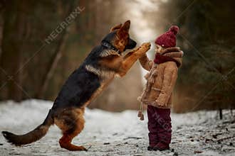 Little girl with German shepherd 6-th months puppy at early spring