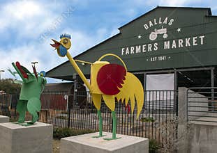 Dallas Farmers Market with whimsical rooster and frog, two of six metal sculptures, Dallas, Texas