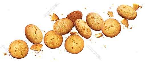 Falling broken chip cookies isolated on white background with clipping path