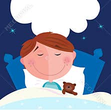 Small boy with his teddy bear sleeping in bed