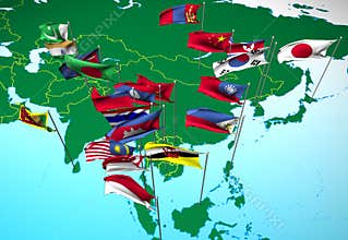 Asia flags on map (Southeast view)