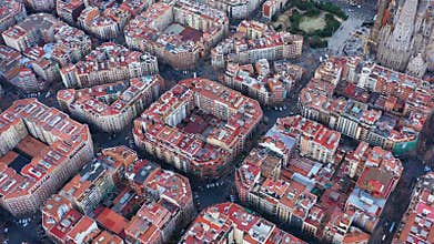 Aerial view video footage of residence districts in european city. Eixample district. Barcelona, Spain