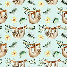 Watercolor cute sloths hanging on the trees and floral elements seamless pattern