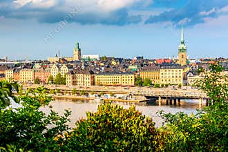 Beautiful panoramic view of Stockholm Old town Gamla Stan with church of St. Nicholas. Summer sunny day in Stockholm, Sweden