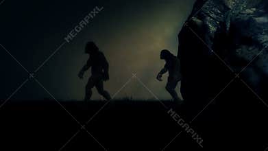 Cavemen stepping out of their cave under a storm