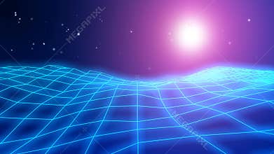 Retro 1980s synthwave glowing neon lights landscape fly-over animation - seamless loopable