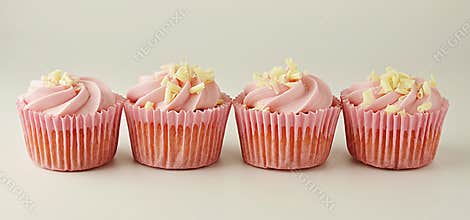 Pink, strawbery, fruit cupcakes isoalted. Sweet dessert, shortcakes with cream. Birthday food, cake, muffin. banner