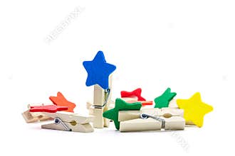 Colorful Wooden clip isolated on white background. Colors clips in star shape.