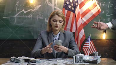 Economy and finance. Economy concept with woman giving money to man. Economy and finance. Patriotism and freedom. Income