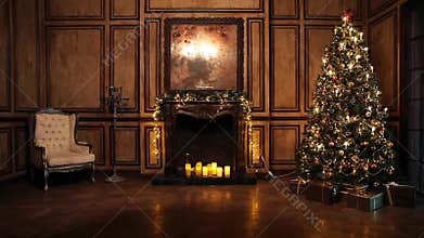 New Year Tree decorated room interior in classic style