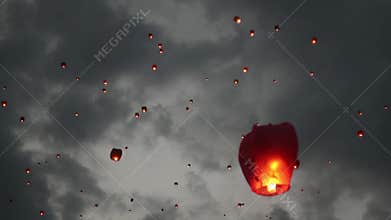 Many sky lanterns in the sky. Floating lanterns ceremony or Yeepeng ceremony, traditional Lanna Buddhist ceremony in