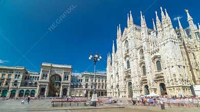 Cathedral Duomo di Milano and Vittorio Emanuele gallery timelapse hyperlapse in Square Piazza Duomo at sunny summer day