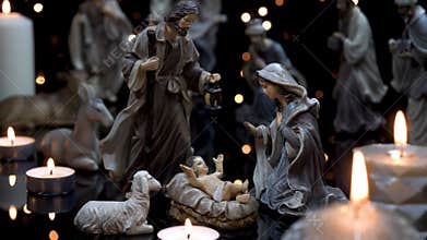 Nativity scene Christmas manger with candles lights