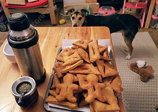 A dog, a tray of fritters and mate tee
