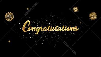 Congratulations Beautiful golden greeting Text Appearance from blinking particles with golden fireworks background.