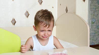 Child crying and sitting in his high chair