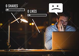 Sad man on laptop with Social media interfaces and no likes